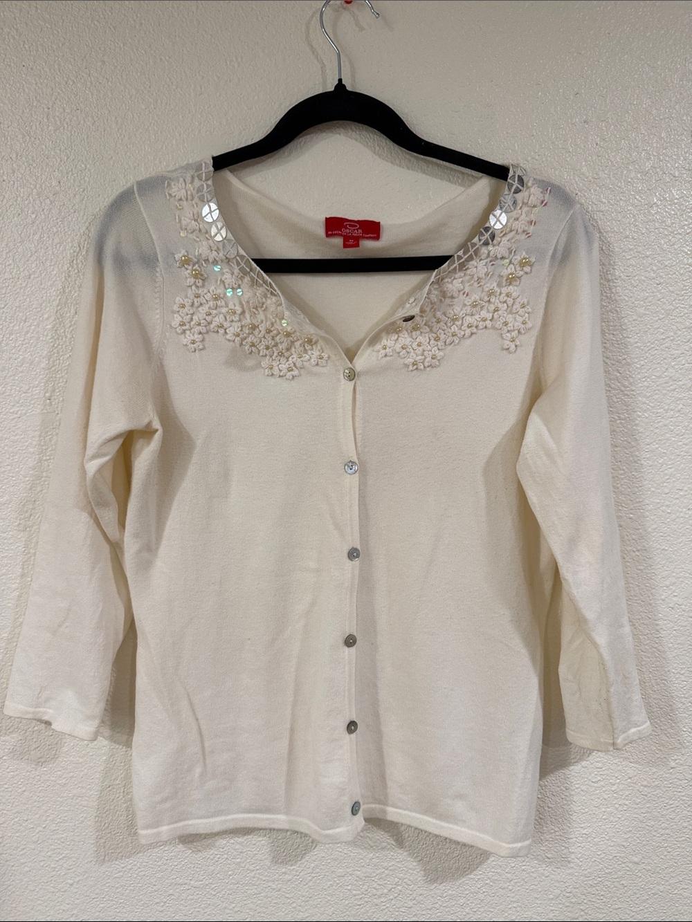 Oscar de la Renta Cream Beaded Button-Down Cardigan